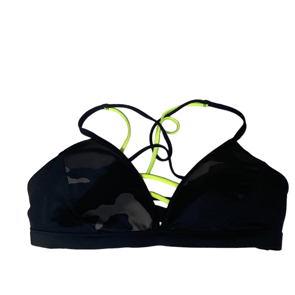 Athleta Black Gray Camo Bralette Lime Trim Light Removable Padding XS NWT